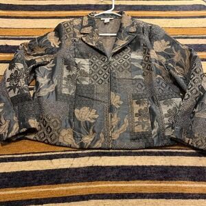 Dressbarn Blazer Jacket Y2K Shiny Silky Tapestry Patchwork Mixed Print XL Silver